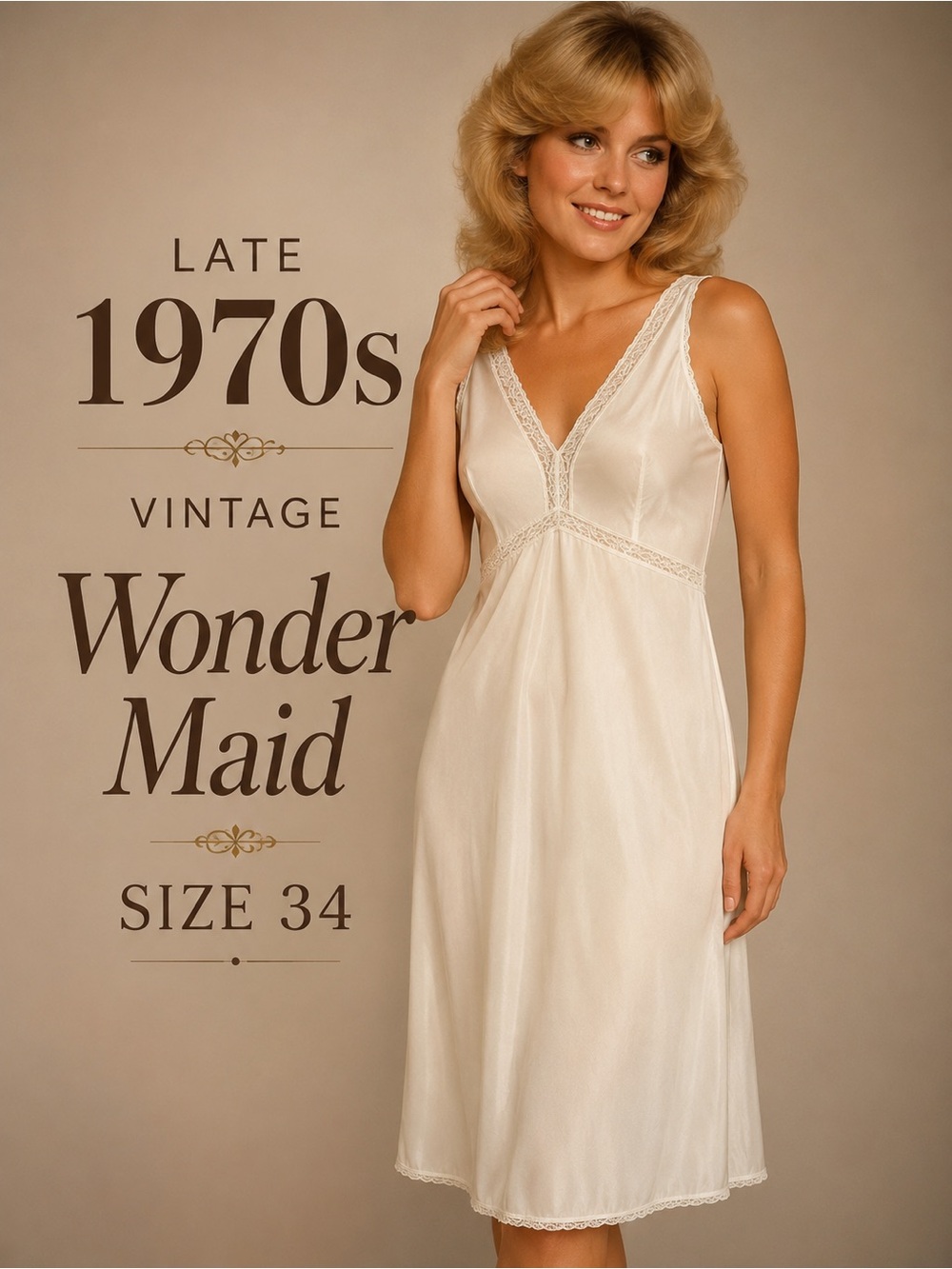 Vtg Wonder Maid Ivory Antron Nylon Lace Trim Full Slip Sz 34 USA